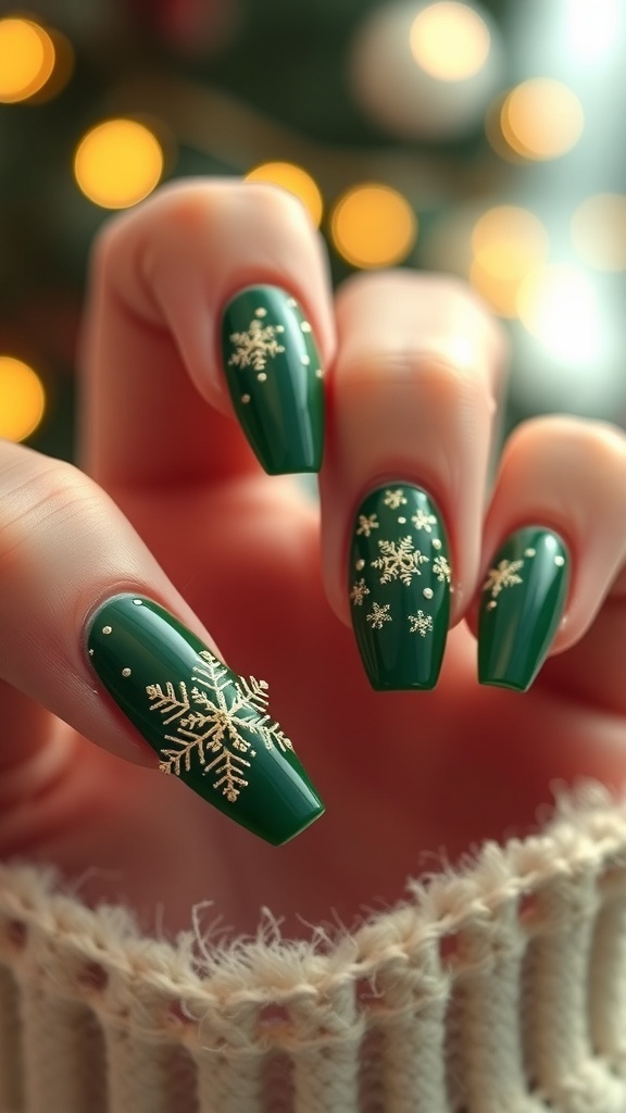 Elegant green acrylic Christmas nails with glitter and snowflake designs against a festive background.